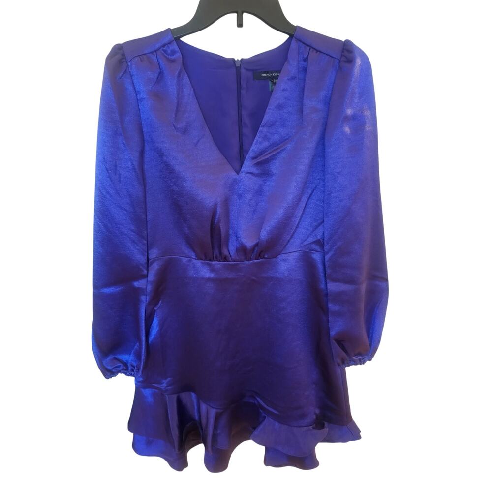 NWT French Connection Denney Satin V-Neck Mini Dress Cobalt Violet Size 2 - Picture 2 of 5
